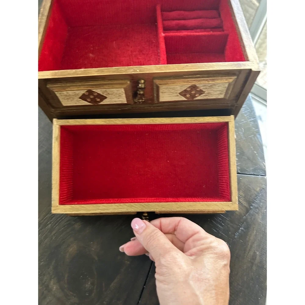 Vintage Royal Sealy Wood Musical Jewelry Box‎ Red Velvet Lining Mirror Japan EUC